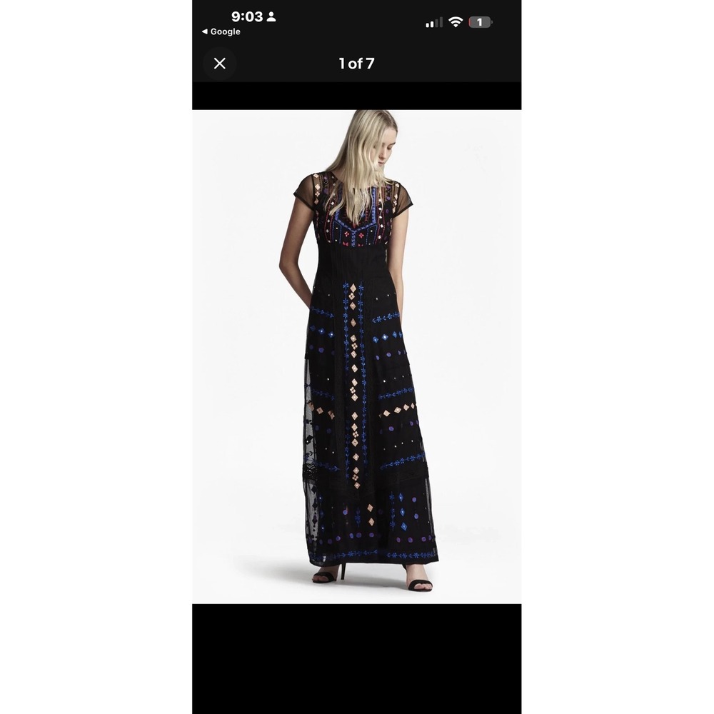 French Connection Black Embroidered Mesh Maxi Dress Boho Beaded Gown Size 4
